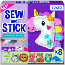 EZCRA Sewing Kit for Kids Ages 4-8, 8 Animal Felt Craft Projects, No-Mess Beginner Stitching Kit with Stickers & Tools, Educational Toy for Girls &