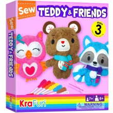 KRAFUN Sewing Kit for Kids Ages 7-12, Beginner Art & Craft Set with 3 Stuffed Animal Dolls (Teddy, Raccoon, Owl), Plush Felt Materials, Embroidery