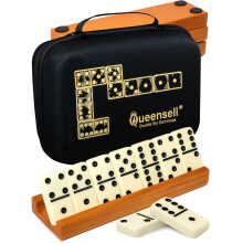 Queensell Dominos Set for Adults with 4 Domino Racks - Double 6 Dominoes Set with Domino Holder, Classic Board Games for Kids and Adults - Double Six