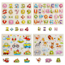 4 Pieces Wooden Jigsaw Puzzles Vehicles/Alphabet ABC/Fruit/Animal/Alphabet Number Peg Jigsaw Educational Puzzles for Kid Toddler Boys Girls