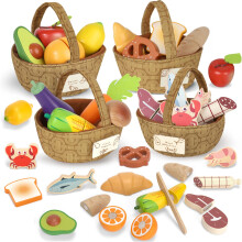 Wooden Play Food, Toy Food for 3 Year Old Girl Gifts, Food Groups with 4 Fabric Baskets, Toy Food Set for Kids Kitchen, Play Kitchen Accessories for