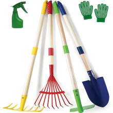 6Pcs Kids Gardening Tools Set, 71CM Metal Garden Tools Large Shovel Rake Hoe Leaf Rake with Wooden Handle, Watering Can, Gloves - for Kids Outdoor