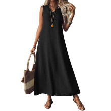 Summer Dresses for Women Cotton Linen Maxi Dress Casual-Black L