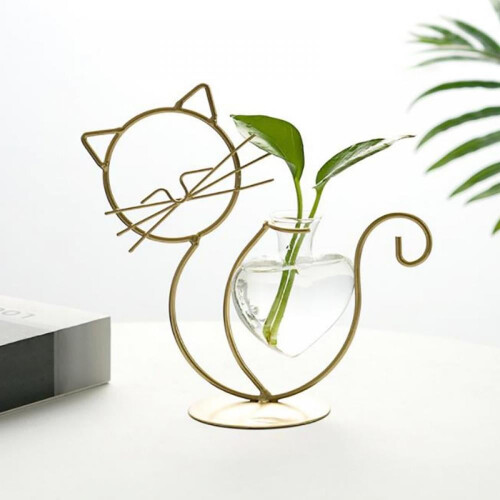 Cat-Shaped Hydroponic Glass Vase with Iron Holder