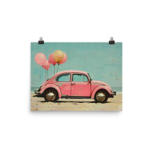 Pink Retro Car Poster Print on Thick Matte Paper