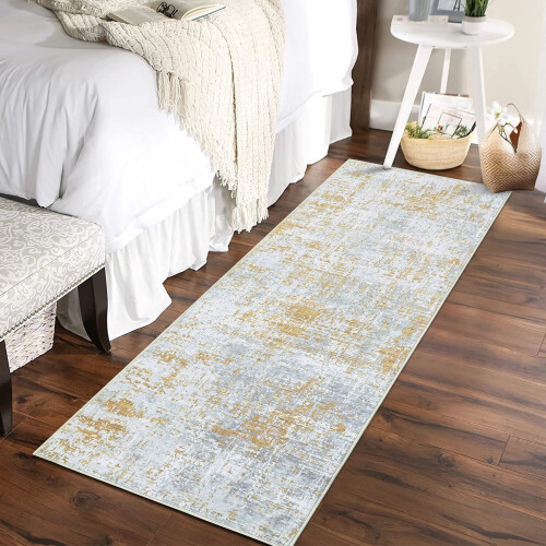Abstract Runner Rug Gray Yellow 2 ft x 6 ft Non-Slip