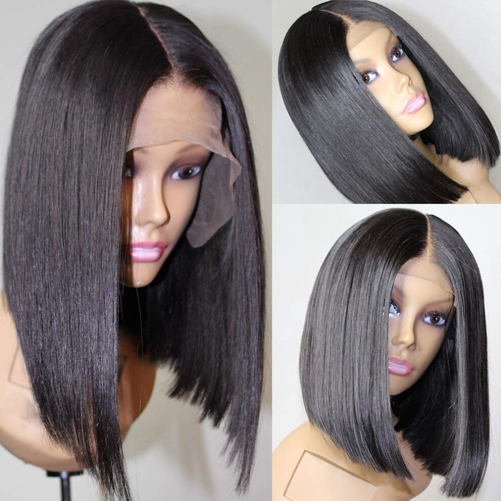 Unisex Brown 13X6 Brazilian Human Hair Bob Lace Front Wig 150% Density Silky Straight Pre Plucked Natural Hairline 12 Inch