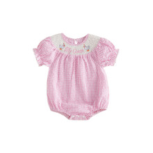 (3-6 Months, Pink) Baby Girl Plaid Bubble Romper Goose Letter Embroidered Short Sleeve Smocked Bodysuit Cute Summer Clothes
