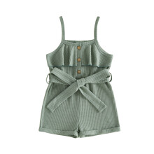 (2-3 Years, Green) Little Girls Summer Shorts Jumpsuit Sleeveless Solid Color Button Front Playsuit with Belt