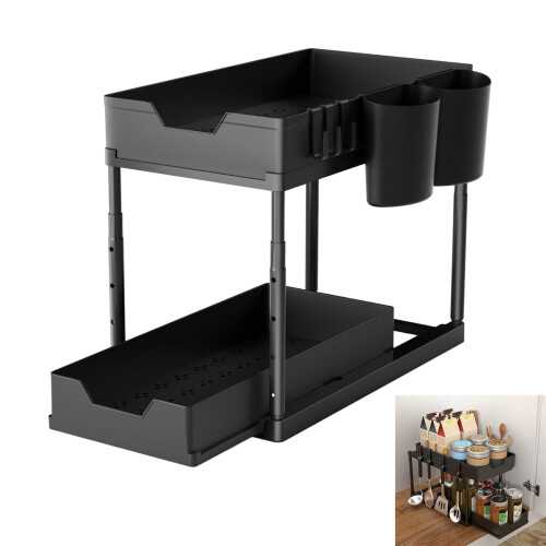 Adjustable Under Sink Storage Rack With 2 Tiers Pull-Out Sliding 1