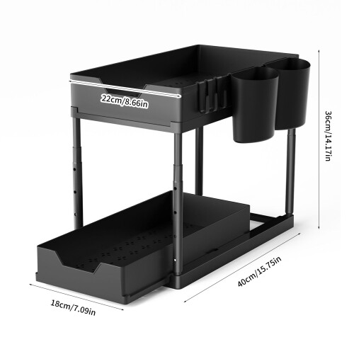 Adjustable Under Sink Storage Rack With 2 Tiers Pull-Out Sliding 2