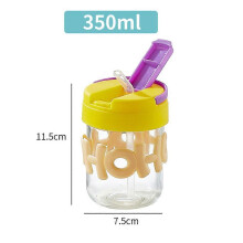 (yellow) 350 ML Double Straw Transparent Glass Cup With Straw Cup Simple Portable Coffee Cup Heat-Resistant Water Cup
