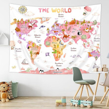 Kids World Map Tapestry with Cartoon Animals