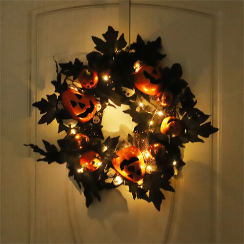 Green Artificial Wreath with Ghost & Pumpkin, 40cm