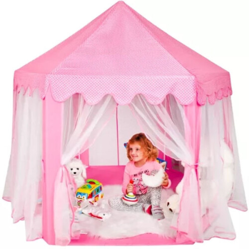 Cort de joacă hexagonal roz pentru copii, 135x135x140cm