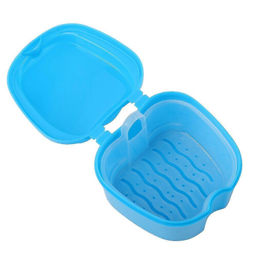 Denture Bath Box Case, Dental Orthodontic Retainer False Teeth Storage with Strainer, Sky-blue 1