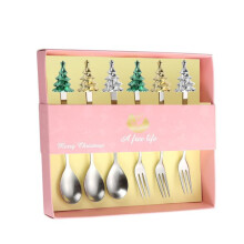 Juego de cubiertos de 6 piezas con diseño de árbol de Navidad, cuchara de café de acero inoxidable, tenedor de postre, con caja de regalo, c