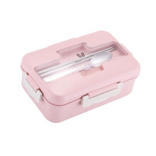 Fiambrera de plástico dividida apta para microondas con cubiertos de acero inoxidable (rosa)