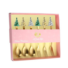 6-piece Christmas tree cutlery set, stainless steel coffee spoon, dessert fork, with gift box, festive dinner cutlery (gold powder box).