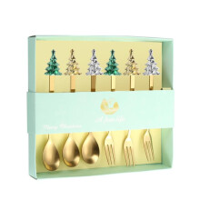 6-piece Christmas tree cutlery set, stainless steel coffee spoon and dessert fork, with gift box for festive dinners (gold and green box).