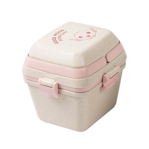 Three-tiered wheat straw lunchbox, microwave safe (pink)