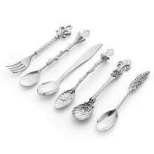6pcs Vintage Mini Coffee Spoons Suit Royal Style Metal Carved Coffee Fruit Cutler Dessert Flatware Kitchen Tools Silver
