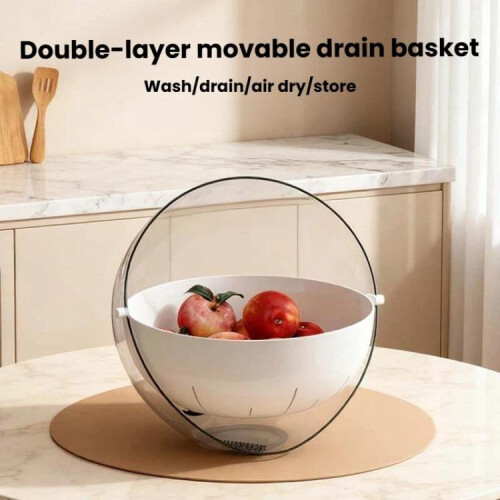 Double-Layer Fruit Vegetable Washing & Draining Basket Household Kitchen Rice Draining Basin(Transparent White) 1