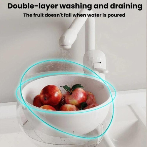 Double-Layer Fruit Vegetable Washing & Draining Basket Household Kitchen Rice Draining Basin(Transparent White) 2