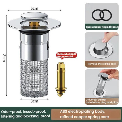 A2 Wire Basket Long Copper Core Basin Drainer Bouncing Core Washbasin Leakage Plug,Large Caliber 33-40mm 1