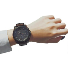 (deep brown) Men Military Quartz Watch Large Dial Casual Leather Strap Mens Wristwatch