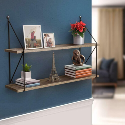Sorbus 2-Tier Floating Shelf 24 Inch Rustic Wood 1