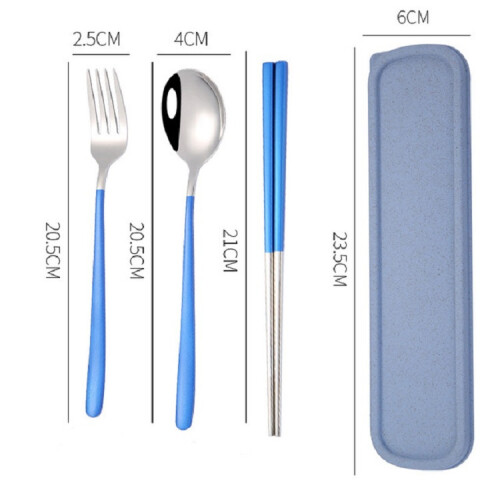 3pcs Portable Stainless Steel Tableware Creative Set Chopsticks Spoon compatiblek Gift,Blue 1