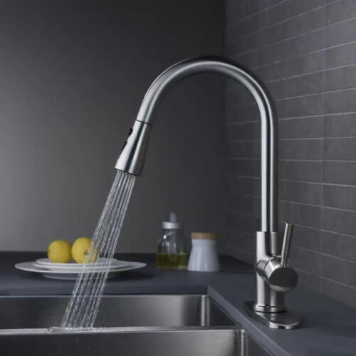 Pull-Out 3 Modes Kitchen Faucet Hot/Cold Water Mixer Tap With Base(Brushed Silver) 1