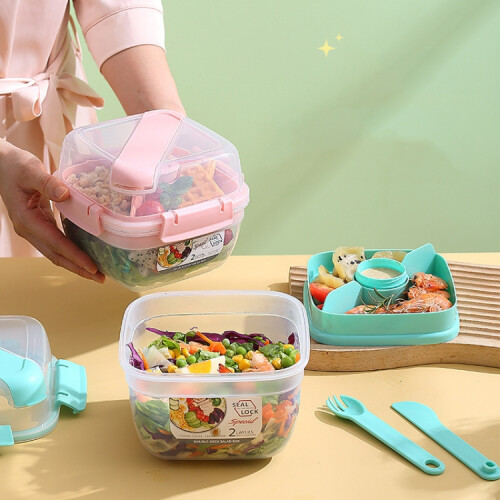 Microwaveable Double Layer Salad Container Picnic Lunch Box with compatiblek Spoon,Large 1
