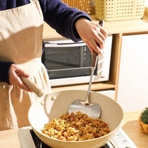2pcs Solid Wood Long Handle Wok Spoon & Ladle Household Kitchen Shovel,Large 1