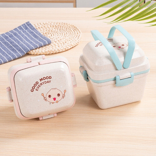 Three-tiered wheat straw lunchbox, microwave safe (pink) 1