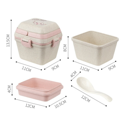 Three-tiered wheat straw lunchbox, microwave safe (pink) 2