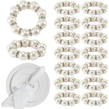 UrbanMingle 30PCS Pearl , Silver Napkin Ring Holder, Wedding Beaded White ,