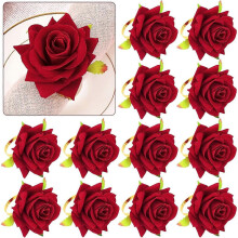 12Pcs Valentine's Day Artificial Rose Faux Red Rose Napkin Holders Alloy Wedding Romanti