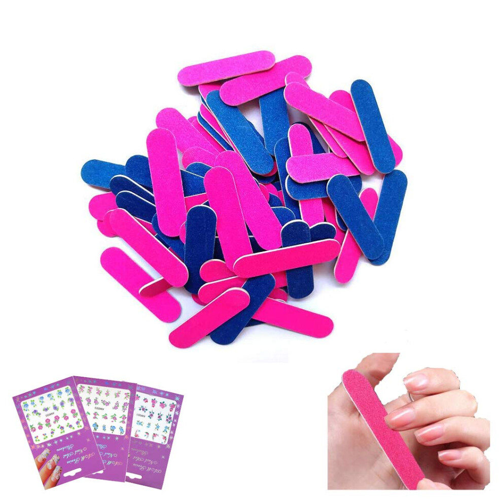 100 Pack Disposable Nail Files Double Sided 100/240 Grit Emery Boards with Nail Art Stickers