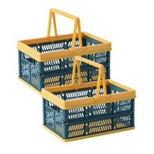 Large Foldable Shopping Basket with Handles, Collapsible Plastic Storage Crate for Kitchen Pantry, Yellow Blue, 2 Pack