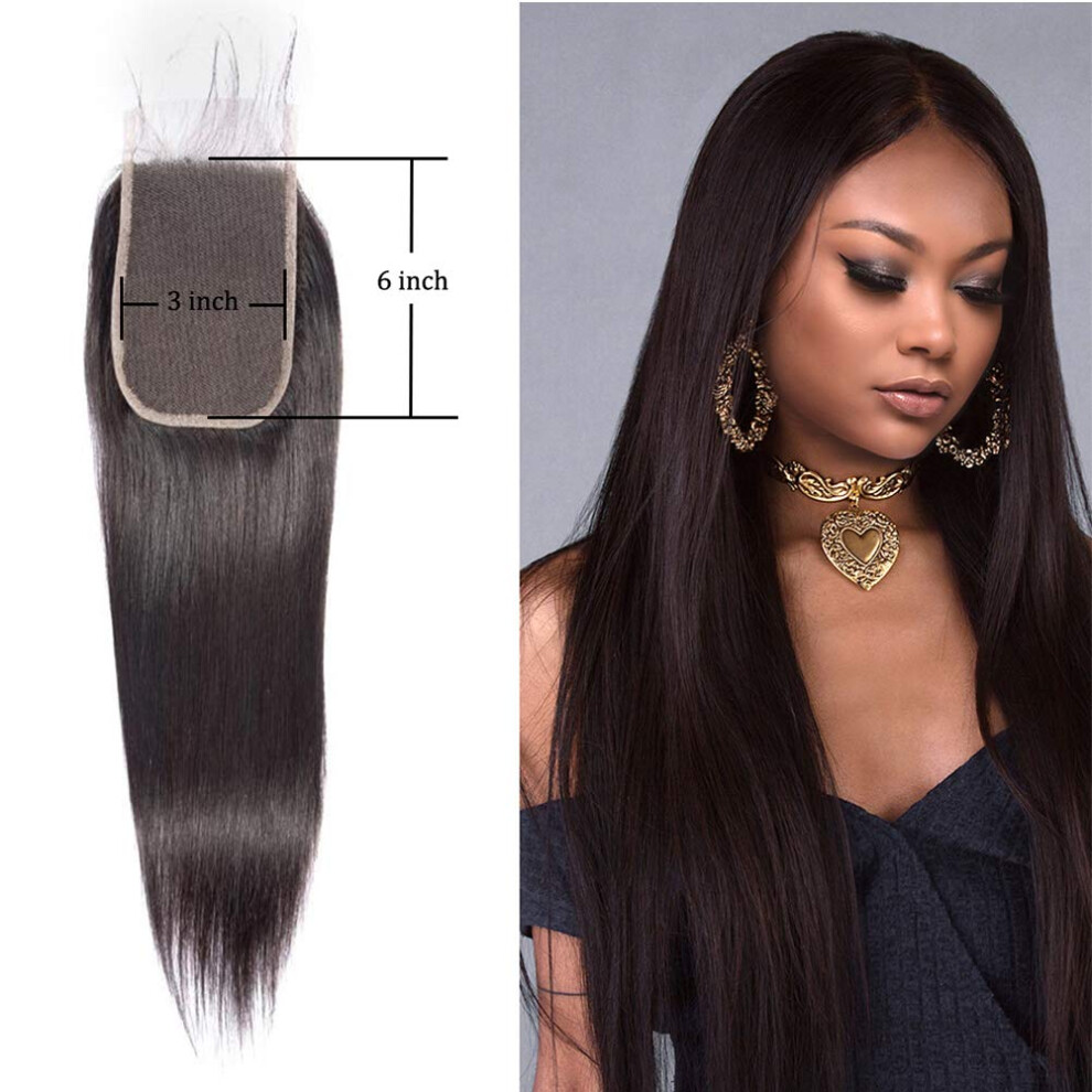 Unisex Brazilian Virgin Hair Closure 3X6 Swiss Lace Preplucked Bleached Knots 18 Inch 1B Straight Weave