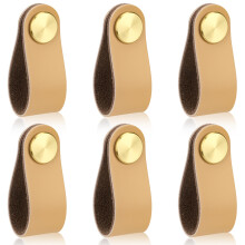 Leather Drawer Knobs Beige 6pcs, Single Hole Cabinet Handles, Durable Leather Pulls for Dresser