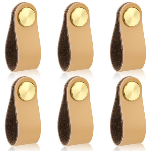 Leather Drawer Knobs Beige 6pcs, Single Hole Cabinet Handles, Durable Leather Pulls for Dresser
