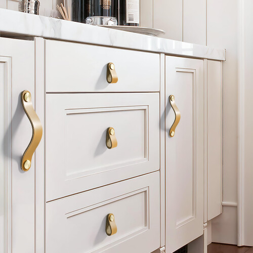 Leather Drawer Knobs Beige 6pcs, Single Hole Cabinet Handles, Durable Leather Pulls for Dresser 1