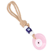 Colgante de vidrio para coche con ojo turco, color rosa, cuerda de cáñamo