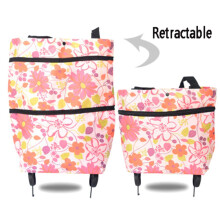 2 Pack Folding Shopping Trolley Bag with Wheels, Weatherproof Oxford Cloth, Flower Pink