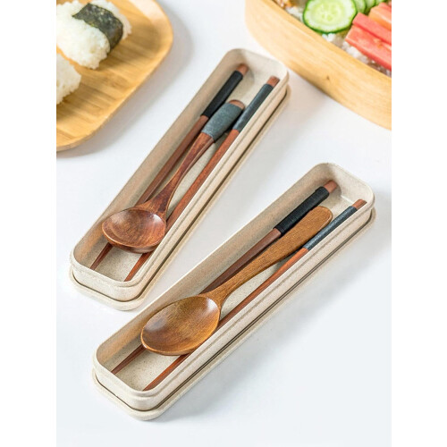 Conjunto de pauzinhos e colher de madeira com caixa de erva de trigo 2