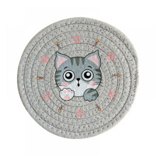 Dessous de verre rond en coton tissé à la main avec motif de chat de dessin animé,