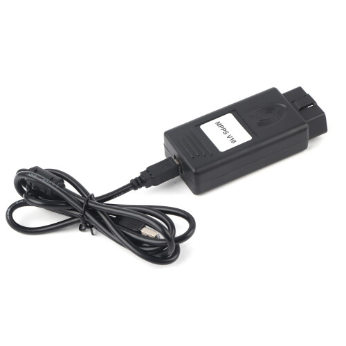 Ferramenta avançada de reprogramação de ECU MPPS V16 para diagnóstico e detecção de falhas em carros, com cabo e interface moderna.